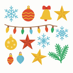 Flat Christmas Decorative Elements Set &ndash; Holiday Ornaments, Snowflakes, Stars, Bell and Lights