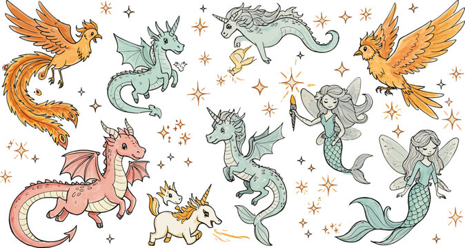 Elegant collection of magical creatures in a vintage style, including hand-drawn phoenixes, dragons, mermaids, and a unicorn with subtle coloring and sparkling details.