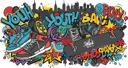 Bold street art style vector illustration with a vibrant, chaotic, and colorful graffiti background, featuring hand-drawn sneakers, a skateboard, and headphones.