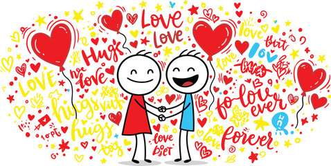 Happy doodle vector illustration celebrating love and friendship, featuring a cartoon couple hugging against a fun and colorful background with hearts, balloons, and playful typography.