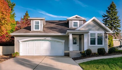two story house exterior with white door garage and driveway