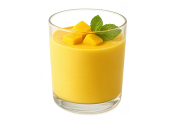Glass of mango lassi decorated with fresh mango cubes and mint on transparent background