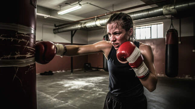 Female Boxer Training Punching Bag Gym Workout - Powered by Adobe