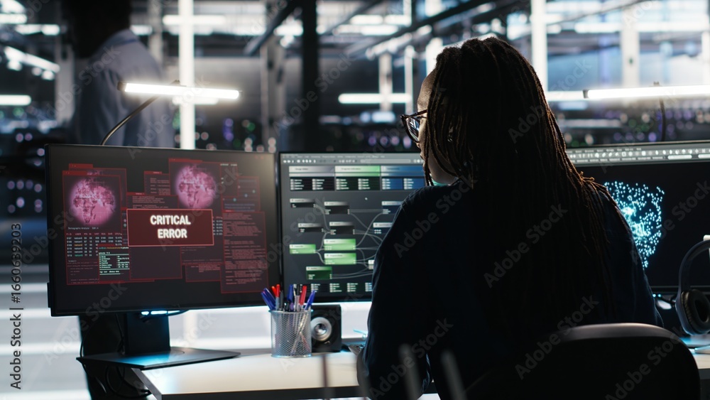 Poster stressed server hub admin worried by malfunctioning data analytics ai generator. anxious data center
