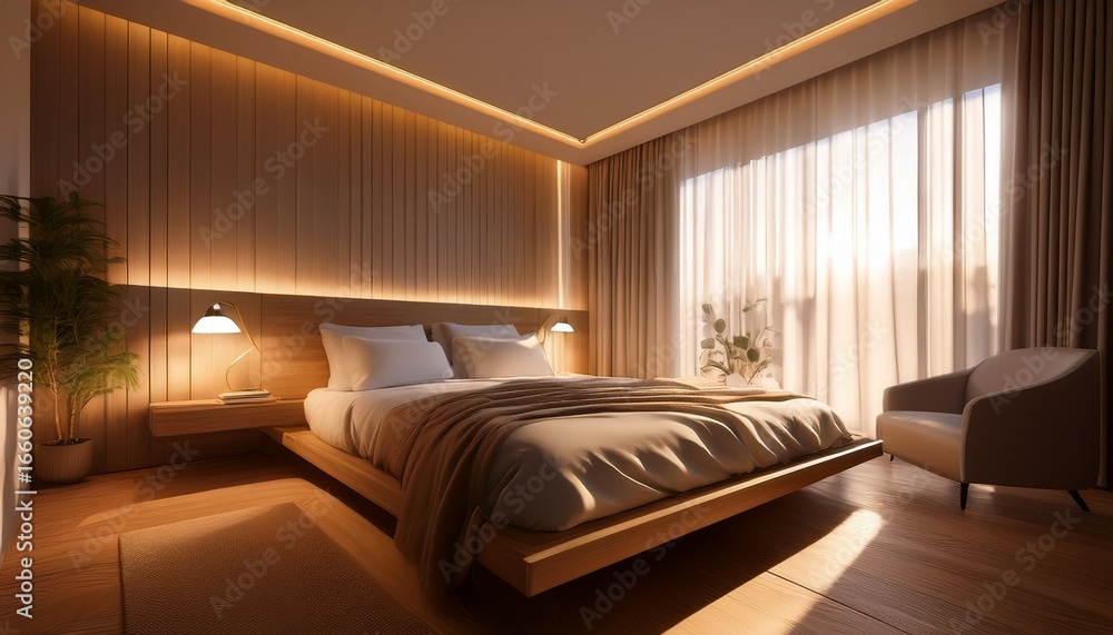 Poster a warm and inviting interior scene features a soft glowing lamp casting gentle light and shadows on 