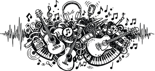 Highly detailed hand-drawn vector illustration of a chaotic music theme with various instruments like guitars, drums, piano, and a microphone on a sound wave background.
