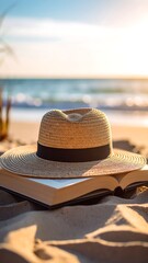Straw hat atop open book on sandy beach at sunset