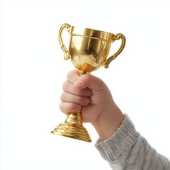 Golden Trophy Held High by a Child , white background cut out PNG