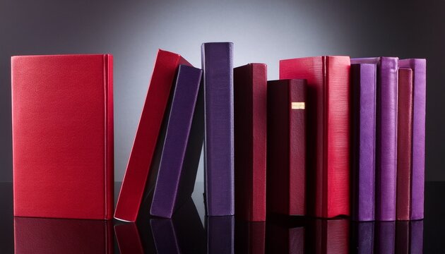 red and purple hardcover books floating above reflective surface - Powered by Adobe