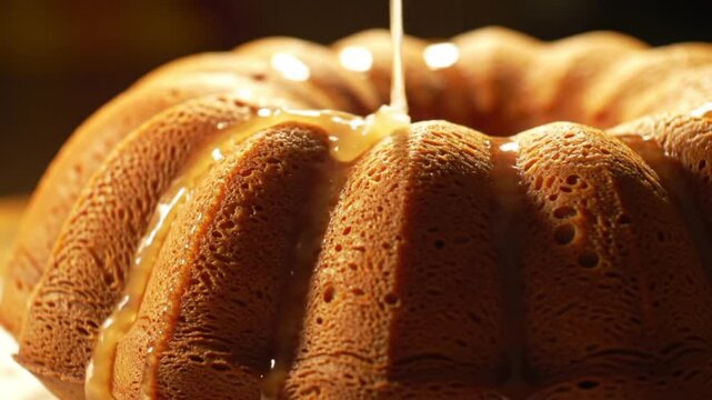Close up shot of caramel being poured on a bundt cake with golden brown texture