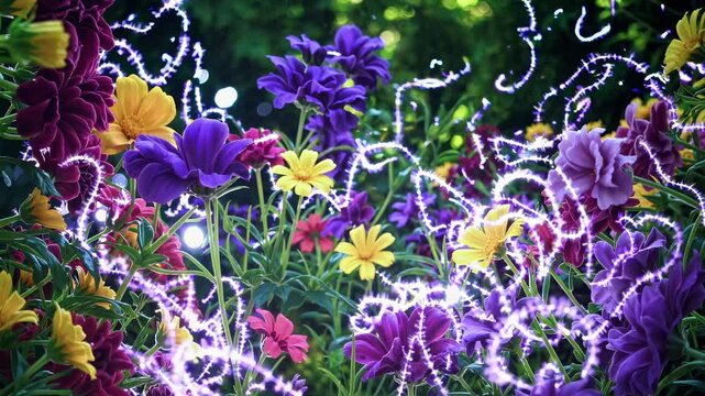 Vibrant flowers with glowing effects, captured from a low angle. The enchanting scene resembles a fantasy video game setting. Live desktop wallpaper.