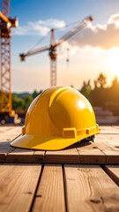 Yellow hard hat rests on wooden planks with construction cranes in the background under a sunset