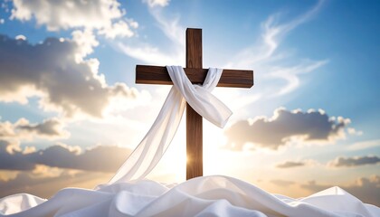 Wooden cross draped in white fabric, set against a sunset sky