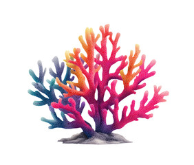 Vibrant coral reef branch.  Colorful, stylized coral with branching formations in shades of pink, orange, yellow, and blue.  Base is light gray.  3D-rendered look