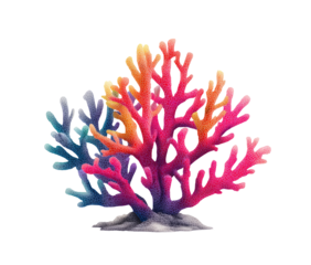 Vibrant coral reef branch.  Colorful, stylized coral with branching formations in shades of pink, orange, yellow, and blue.  Base is light gray.  3D-rendered look