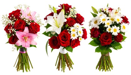 Three bouquets of roses, lilies, and daisies, tied with twine, isolated on white