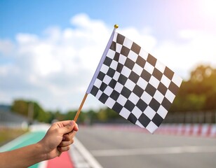 Hand holds checkered flag at racetrack finish line