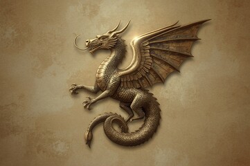 Golden dragon, heraldic pose, parchment background, fantasy emblem