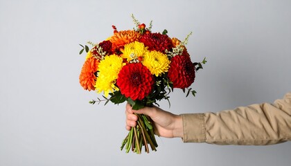 Hand holding a bouquet of red, yellow, and orange dahlias and other fall flowers against a gray background