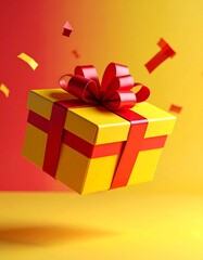 Floating yellow gift box with red ribbon
