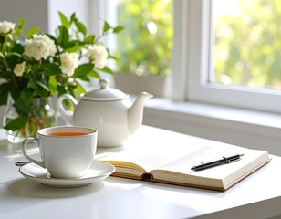 Sunlit teacup, teapot, and open notebook rest on a white table near a window