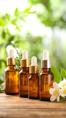 Four amber glass bottles with droppers, filled with oil, sit on a wooden surface, next to greenery and white flowers, against a blurred green background