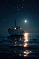 Obraz premium Weathered fishing boat on a tranquil night sea, illuminated by moonlight and shimmering stars, creating an atmospheric maritime scene.