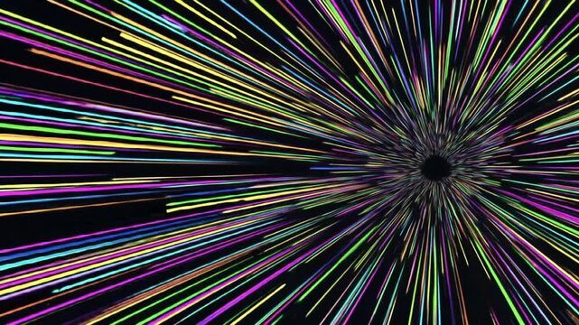 Abstract vibrant colorful light speed tunnel with motion blur lines on a dark background, symbolizing warp drive and hyper-speed travel.