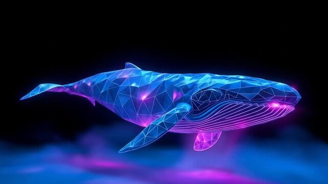 A digital blue whale consisting of a polygonal sea animal design against a dark background, featuring intricate geometric patterns and a futuristic aesthetic. 4k video