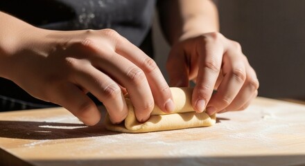 Close-up of hands skillfully rolling dough on a wooden surface, preparing for baking.