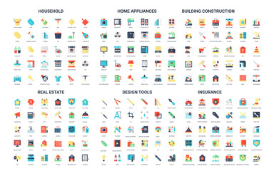 Colorful set of 180 simple flat icons covering household, home appliances, building construction, real estate, design tools, and insurance topics isolated on white background vector illustration