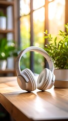 White headphones rest on a wooden table near a plant, sunlit window in background