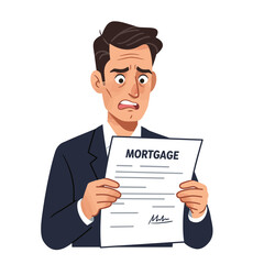 Worried man holds mortgage document, facing financial stress