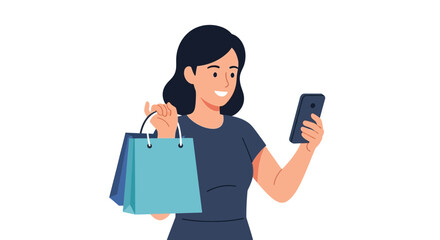 Smiling shopper browsing online deals with shopping bag