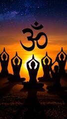 Silhouetted figures in yoga poses at sunset, Om symbol above