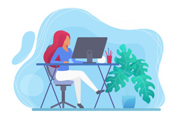 Young woman working at home computer flat vector illustration concept. Freelancer girl works at table with monitor. Work stay at home. Designer programmer female