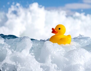 Yellow duck in foamy waves