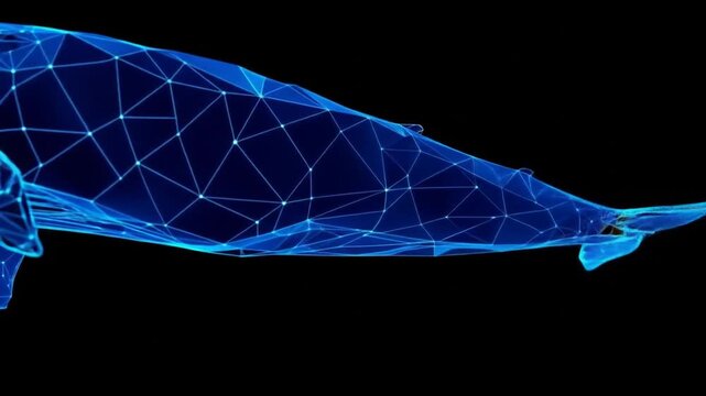 A digital blue whale consisting of a polygonal sea animal design against a dark background, featuring intricate geometric patterns and a futuristic aesthetic. 4k video