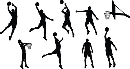 Basketball player silhouette vector illustration, slam dunk poses, action sports clipart, competitive game moment, athletic male basketball motion design