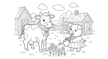 Fototapeta premium A coloring page of a cow and a pig watering flowers in front of farm buildings and clouds above them