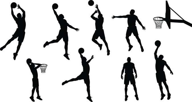 Basketball player silhouette vector illustration, slam dunk poses, action sports clipart, competitive game moment, athletic male basketball motion design