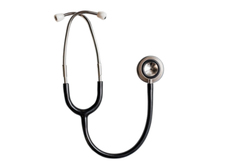 Medical stethoscope, black and silver.  A black stethoscope with silver-colored earpieces and diaphragm