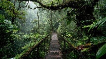 A Wooden Footbridge Through Lush Rainforest Vegetation, Bathed in Soft Sunlight and Mist