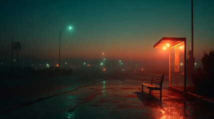 Empty bus stop with glowing light at foggy dawn