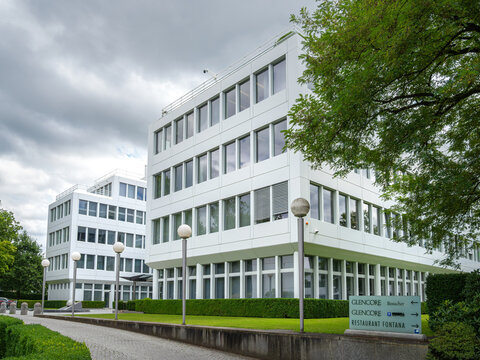 Baar, Switzerland - July 22, 2025: Headquarters of Glencore, trading and mining corporation involved in the production, refinement, processing, and trading of critical resources