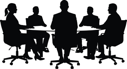 Business meeting vector illustration, corporate team at table, group discussion, office collaboration, professional silhouettes, teamwork concept, communication scene