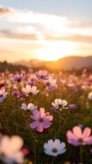 Sunset illuminates a field of cosmos flowers