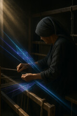 mystische Gestalt webt digitale F&auml;den im Dunkeln