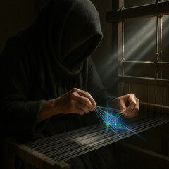 mystische Gestalt webt digitale F&auml;den im Dunkeln