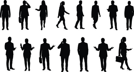 Business people silhouettes, office workers standing, talking, walking, male and female professionals, corporate team, business pose vector illustration